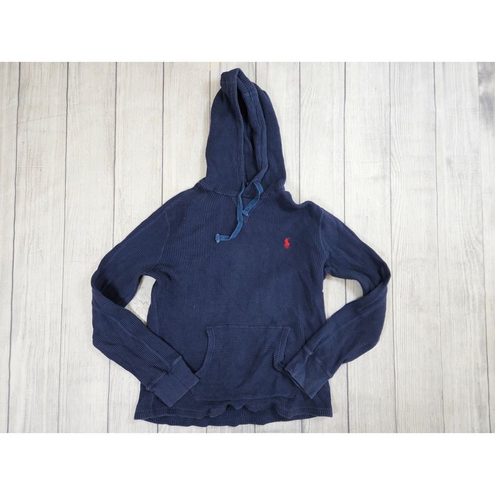 Polo Ralph Lauren Hoodie Men's Medium Navy Cotton Waffle Knit Pullover Pony